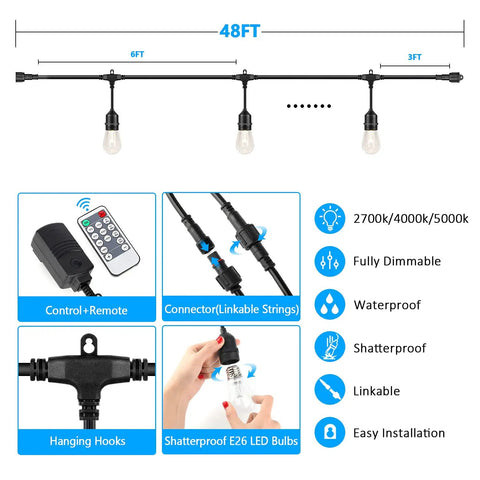 Triple Color Dimmable LED Outdoor String Lights for Patio with remotes, 48 ft shatterproof E26 S14 bulbs in 3 color temps, features shown.
