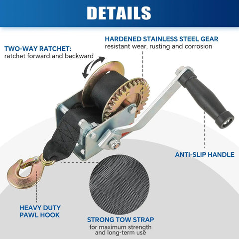Beefy Heavy Duty Boat Trailer Winch With 5m Black Strap Hand Crank Gear Winch For Towing Up To 800 Lbs Rust Resistant Steel Body