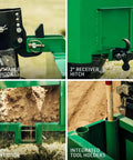 Features of 3 Point Green Ballast Box For Cat 1 Tractors 800 Lb Capacity with adjustable top hook, 2 inch hitch, tool holders, sliding door