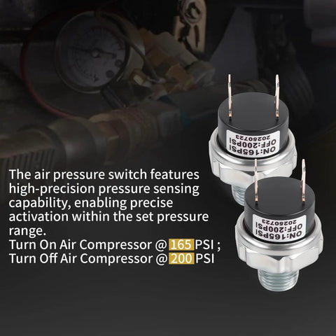 165 To 200 Psi Air Pressure Switch With One Quarter Inch NPT Thread For Train Horn Valve And Air Compressor, two-pack view