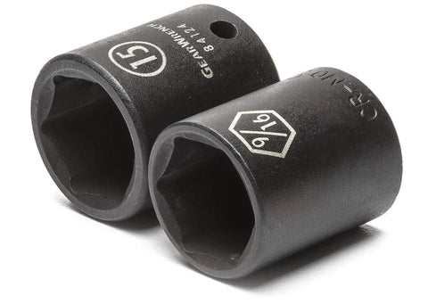 Close-up of two black oxide finish sockets from All-In-One Pro Grade 209 Piece SAE And Metric Master Impact Socket Set