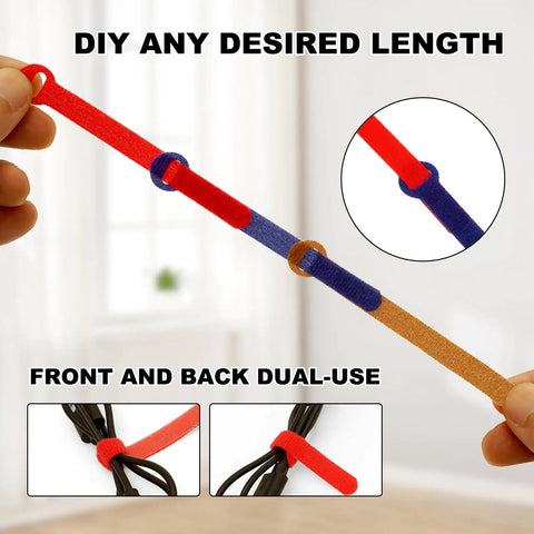 Hands stretching multicolor cable tie from Must Have 150 Piece Cable Tie Set With 4 6 8 10 Inch Reusable Hook And Loop Wire Straps.