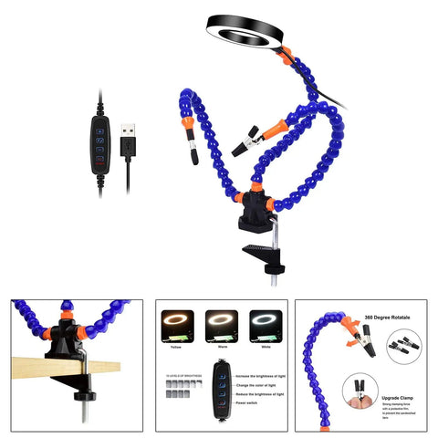Helping Hand Soldering Setup With Flexible 360 Degree Stainless Steel Arms 3X Magnifying Lamp Heavy Duty Aluminum Base Rotary Clips for PCB clamps in use