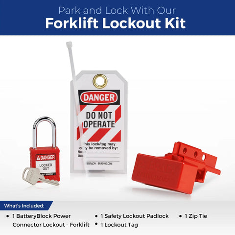 Grab-and-Go Lockout Tagout Kit For Forklift Safety With Electrical Battery Connector Lockout Device Red Safety Padlock LOTO Tag displayed.