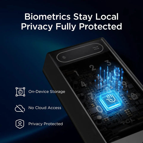 Next Level Palm Vein Smart Lock With Heavy Duty Deadbolt For Secure Front Doors, showing biometric privacy features.