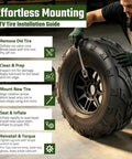 Effortless ATV tire installation guide with step-by-step instructions and Hardcore 145/70-6 All Terrain Tires for ATV illustration.