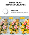 Image showing dimmable feature of G16.5 LED Globe Bulb E12 Candelabra 40W Equivalent with CRI comparisons of fruits at CRI 70, 80, 90.
