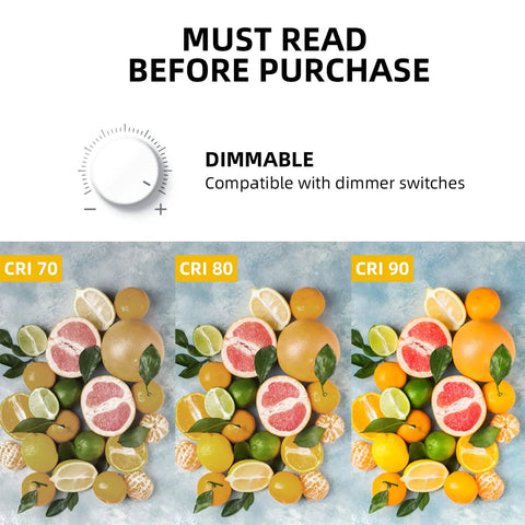Image showing dimmable feature of G16.5 LED Globe Bulb E12 Candelabra 40W Equivalent with CRI comparisons of fruits at CRI 70, 80, 90.