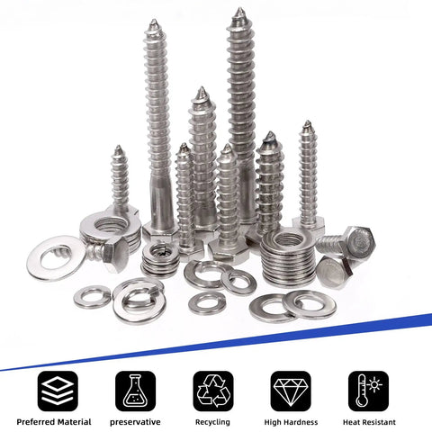 Badass 201 Piece Hex Lag Screw Assortment Kit Including 1/4 5/16 And 3/8 Inch 304 Stainless Steel Threaded Bolts With Flat And Lock Washers For Tough Home Shop Jobs And Yard Buildouts displaying various stainless steel screws and washers.