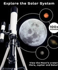Beginner Kids Telescope With Built In Compass For Super Easy Space Watching And Terrestrial Clues, Refractor Astronomical Scope, 100x Magnification, 400mm Focal Length, Finderscope, Durable Aluminum Tube, tripod view