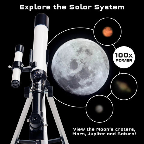 Beginner Kids Telescope With Built In Compass For Super Easy Space Watching And Terrestrial Clues, Refractor Astronomical Scope, 100x Magnification, 400mm Focal Length, Finderscope, Durable Aluminum Tube, tripod view