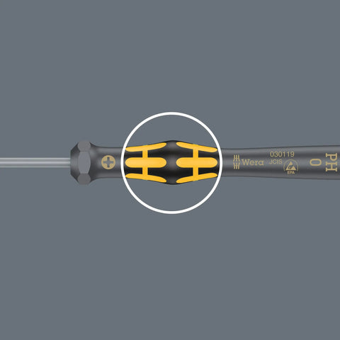 ESD Safe Kraftform Micro Phillips Screwdriver PH 1 X 80 mm with ergonomic handle close-up, showing anti-roll design and swivel cap