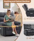 Woman reading in 360 Degree Swivel Rocker Recliner For Adults Comfy Space Saving Manual Glider Chair With Side Pockets.