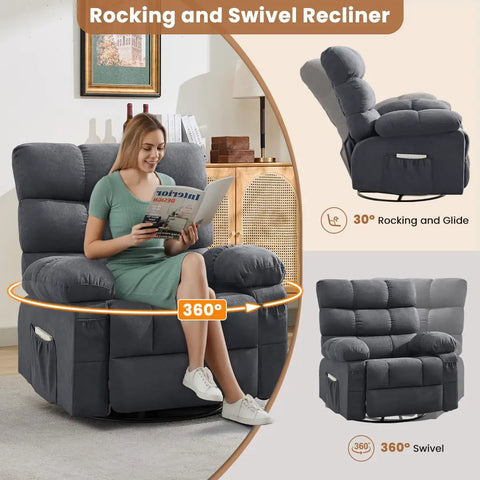 Woman reading in 360 Degree Swivel Rocker Recliner For Adults Comfy Space Saving Manual Glider Chair With Side Pockets.