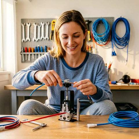 Heavy Duty Copper Wire Stripping Machine For Scrap Recycling Manual And Electric Operation With Hand Crank Or Drill Compatibility, used by a smiling woman.