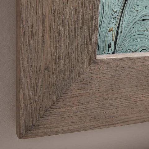 Close-up of a corner frame detail showing wood texture treated with Wood Effects Charred Black Water Based Finish for a dope aged look.