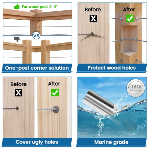 60 Pack No Fuss Easy Install 45 Degree Adjustable Protector Sleeve For Wood Posts, corner solution, T316 stainless steel.