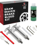 SRAM Maven Pro Grade Hydraulic Brake Bleed Kit With Bleeding Edge Fitting, including syringes and mineral oil for MTB maintenance.