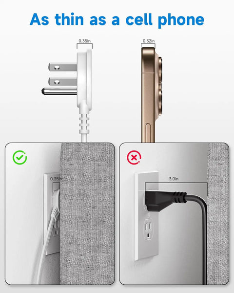Comparison of flat plug and standard plug showing thickness and space-saving design for Flat Plug 3 Foot Extension Cord Pack With 90 Degree Right Angle Wall Plug White 16 AWG Indoor Grounded 3 Prong Power Cord Low Profile Design 13 Amp 1625 Watt 3 Pack.