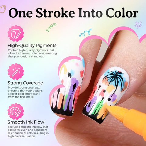 Detailed nail design with 24 Colors Dual Ended Nail Art Pens Set With Quick Dry Acrylic Paint Markers 0.7mm Fine Liner Brush