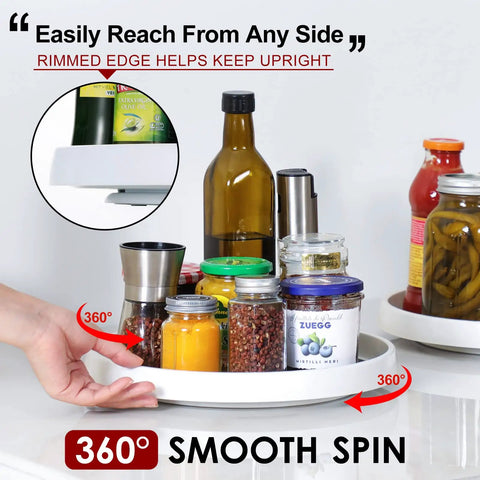 Four Pack 10 Inch Non Skid Lazy Susan Turntable Organizers for cabinets, displaying jars and bottles, smooth spin in kitchen.