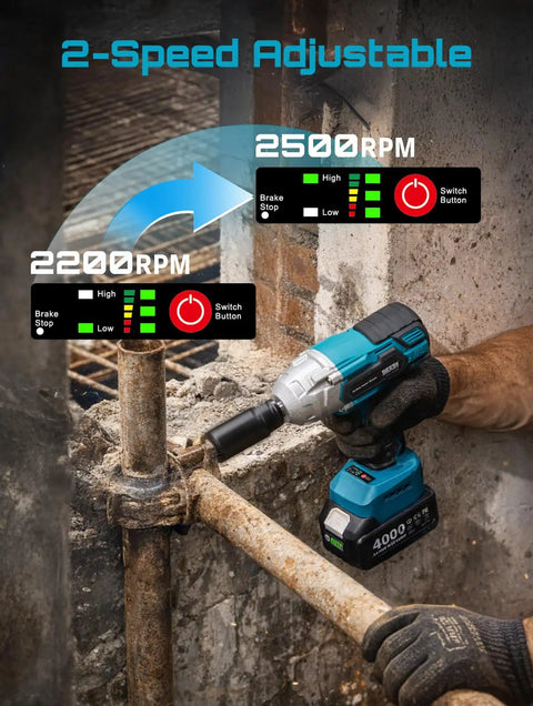 Cordless Impact Wrench 1/2 Inch High Torque Beast With Brushless Motor 479 Ft Lbs in use, dual speed display, man holding tool