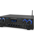 Front view of Home Stereo Receiver With Bluetooth 800W Peak Power 4 Channel Amplifier And USB MP3 Player Karaoke Mic Control Echo Reverb And Delay RCA In Out SD Card FM Radio For Party Ready Vibe And Big Home Theater Sound.