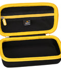Aproca yellow and black storage case, open to show black interior and mesh pocket on lid.