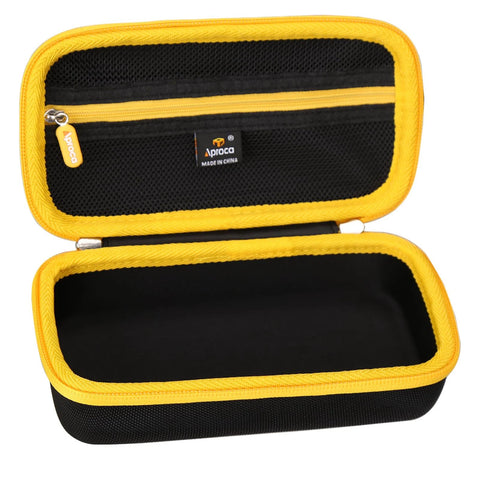 Aproca yellow and black storage case, open to show black interior and mesh pocket on lid.