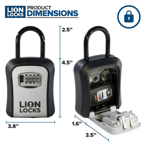 Rock Solid Key Lock Box Safe With Combination For Real Estate Home Car And Vacation Rentals Waterproof Key Safe Made From Heavy Duty Aluminum Alloy And Steel Easy Install Pack Of Six, dimensions shown with open and closed views.