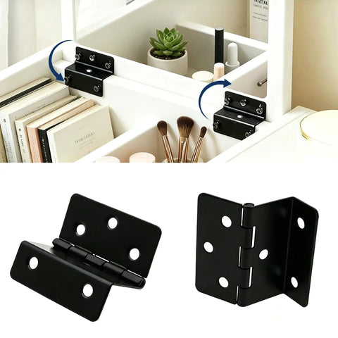 Heavy Duty Tri Fold Hinges For Cabinet Makeover installed in organizer with books and makeup brushes, showcasing black metal design.