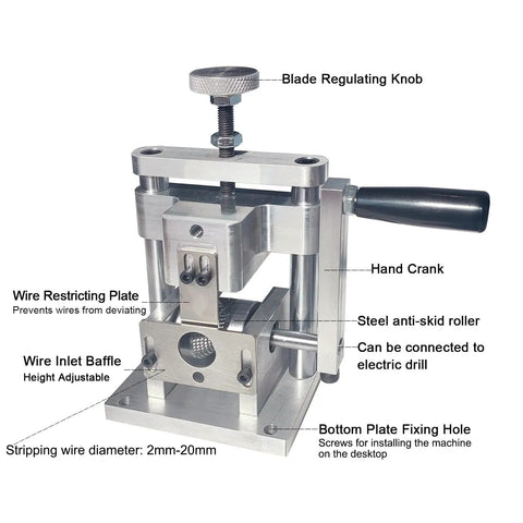Compact Handheld Electric Wire Stripping Tool For Scrap Copper Pro Grade Wire Peeler Drill Driven 2mm To 20mm Diameter Aluminum Alloy Build Easy Manual Stripping featuring blade regulating knob and hand crank view.