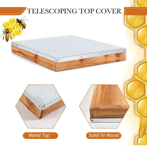Beekeeping Beehive Parts Kit telescoping top cover in metal and fir wood, detail on construction materials.