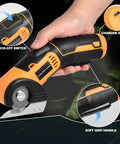 Jomeda Cordless Electric Scissors With Rechargeable Led Light And Safety Lock 4V Rotary Cutter For Fabric Cardboard Leather Carpet Pvc Boxes High Speed 400Rpm Cutting Tools Yellow with soft grip handle and lock-off switch