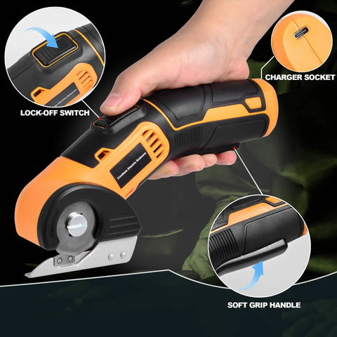 Jomeda Cordless Electric Scissors With Rechargeable Led Light And Safety Lock 4V Rotary Cutter For Fabric Cardboard Leather Carpet Pvc Boxes High Speed 400Rpm Cutting Tools Yellow with soft grip handle and lock-off switch