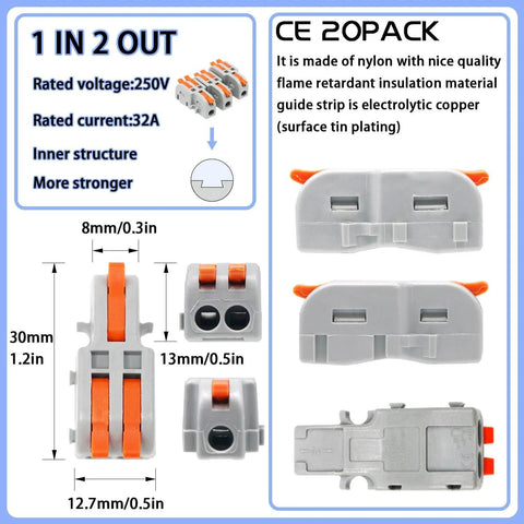 20Pcs Mini Lever Wire Connectors Set For 1 In 2 Out Splicing, Nylon Butt Terminal Block, Compact DIY Electrical Quick Connectors