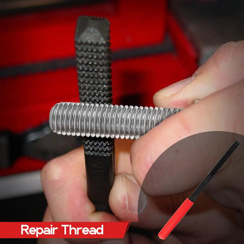 Metric Thread Chaser Set 15Pcs M6 To M12 With Case in use rethreading bolt, showing close-up of tool and repair process.