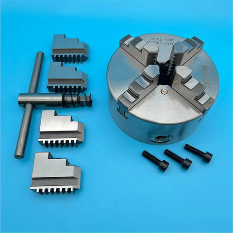 Rock Solid 130Mm Four Jaw Self Centering Lathe Chuck K12-130 with jaws and tool for mini metal lathe projects.