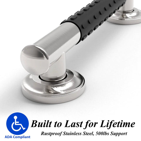 Close-up view of 1-1/4 X 24 Inch Stainless Steel Bath Safety Grab Bar With No Slip Rubber Grip ADA Compliant 500 Lb Load Capacity
