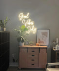 Good Vibes Only Neon Sign For Walls Large LED Neon Light above sideboard in modern room with plants, 56 by 13 inches warm white glow