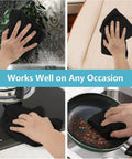 Hands using Premium Microfiber Cleaning Cloths 150 Pack 11.5 By 11.5 Inches Lint Free Streak Free Soft Rags on various surfaces.