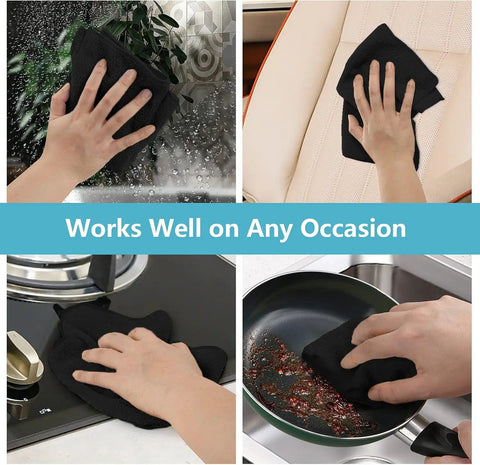Hands using Premium Microfiber Cleaning Cloths 150 Pack 11.5 By 11.5 Inches Lint Free Streak Free Soft Rags on various surfaces.