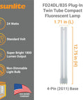 Plug-In Twin Tube CFL Lamp 24W 1800 Lumens 3500K Neutral White 4 Pin 2G11 Base 120 Volts packaging with dimensions and features