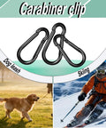 Heavy Duty 10 Pack 2 Inch Black Carabiner Clips With 220 Lbs Holding Capacity Stainless Steel Spring Snap Hooks for Hammock Swing Outdoor Travel Gear Essentials shown with dog and skier.