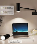 Battery Operated Picture Light With Telescoping Arm above desk, adjustable arm and brightness settings visible.