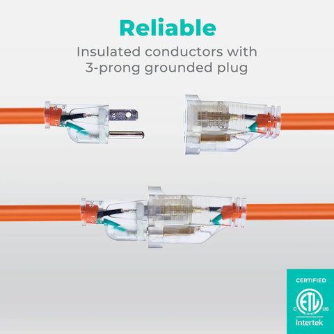 Heavy Duty Outdoor Extension Cord 50 Feet 16 AWG SJTW 16/3 Lighted Power Cord Bright Orange ETL Listed Weatherproof UV Resistant