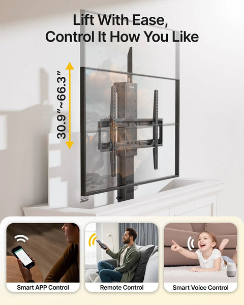 Motorized TV Lift And Slick Rise And Fall Mechanism For 37 To 65 Inch Sets With Concealed Ceiling Or Cabinet Mount For A Smooth Glide Operation That Keeps Your Flat Screen Hidden Away For Total Living Room Swagger