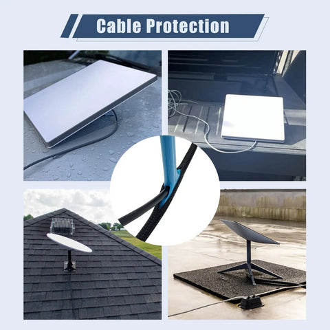 Multiple views of Starlink Cord Protector Kit with 49 ft wire loom tubing in outdoor installations for cable guard protection.