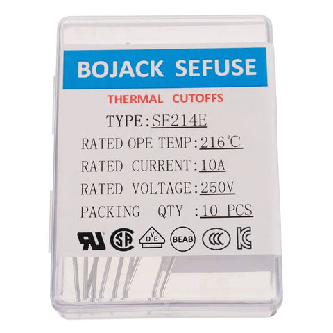 SF214E 10A 250V Thermal Fuse Pack Of 10 For Electronics And Appliances, 216 Degrees Celsius Cutoff, Organic Type Thermal Cutoff Fuses For High Temp Safety And Overheat Protection, plastic case