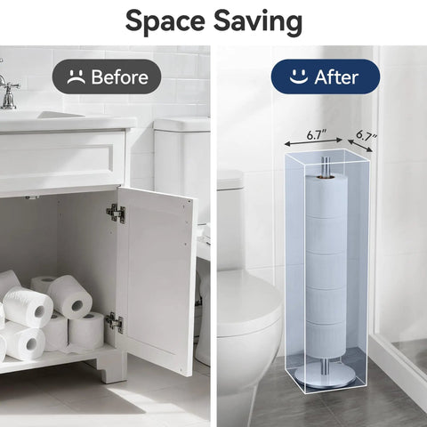 Stainless Steel Freestanding Toilet Paper Holder Stand With Shelf For Spare Rolls Waterproof And Rustproof Bathroom Storage Organizer That Holds Five Rolls No Fuss Tools Needed Durable Modern Bath Accessory For Neat Everyday Use side by side usage comparison.